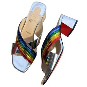 Christian Louboutin Arkenmule Rainbow Silver Block Heel Sandal 37.5